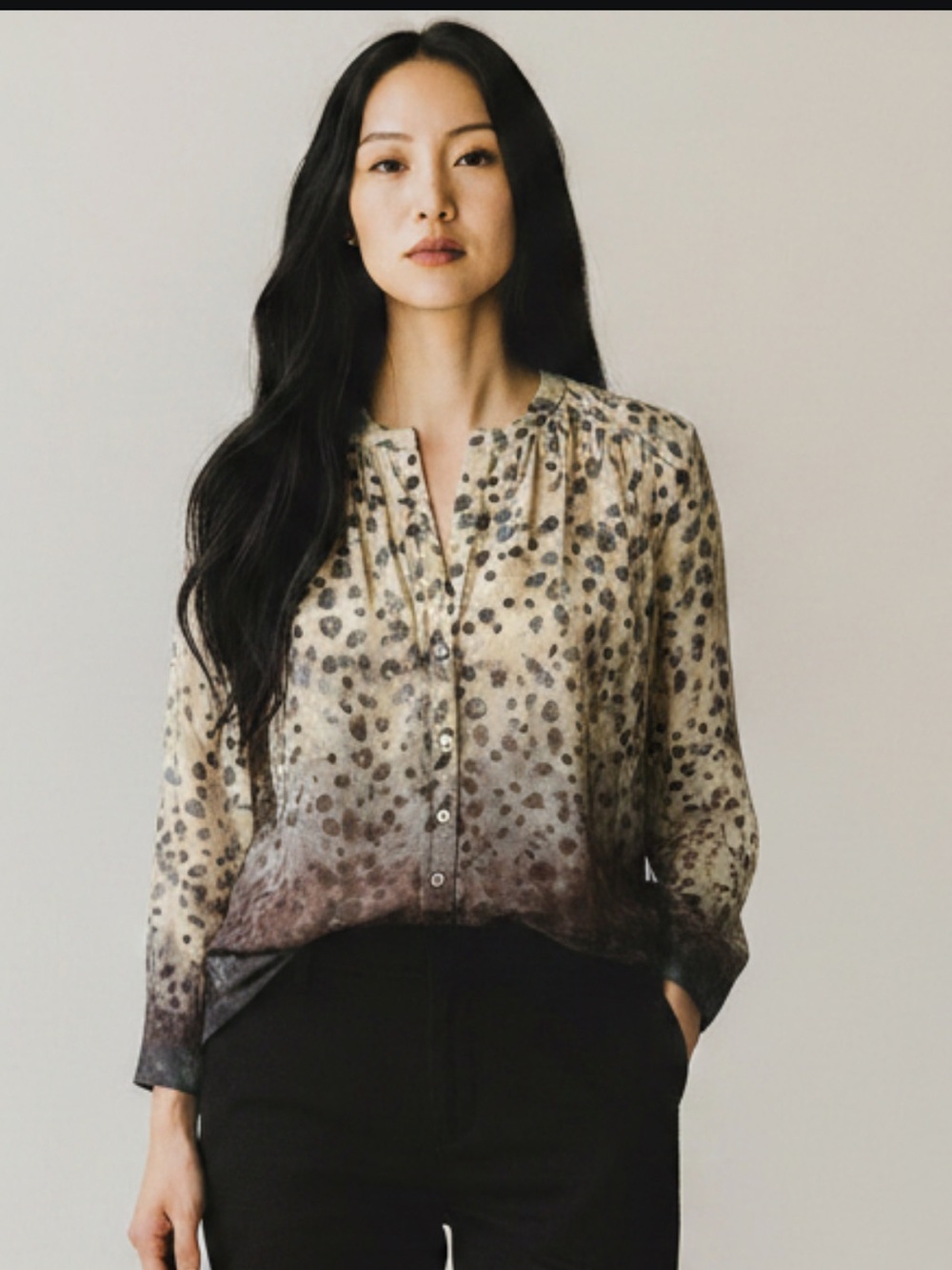 ecru Cream and Brown Leopard Ombre Button-Front Blouse size S